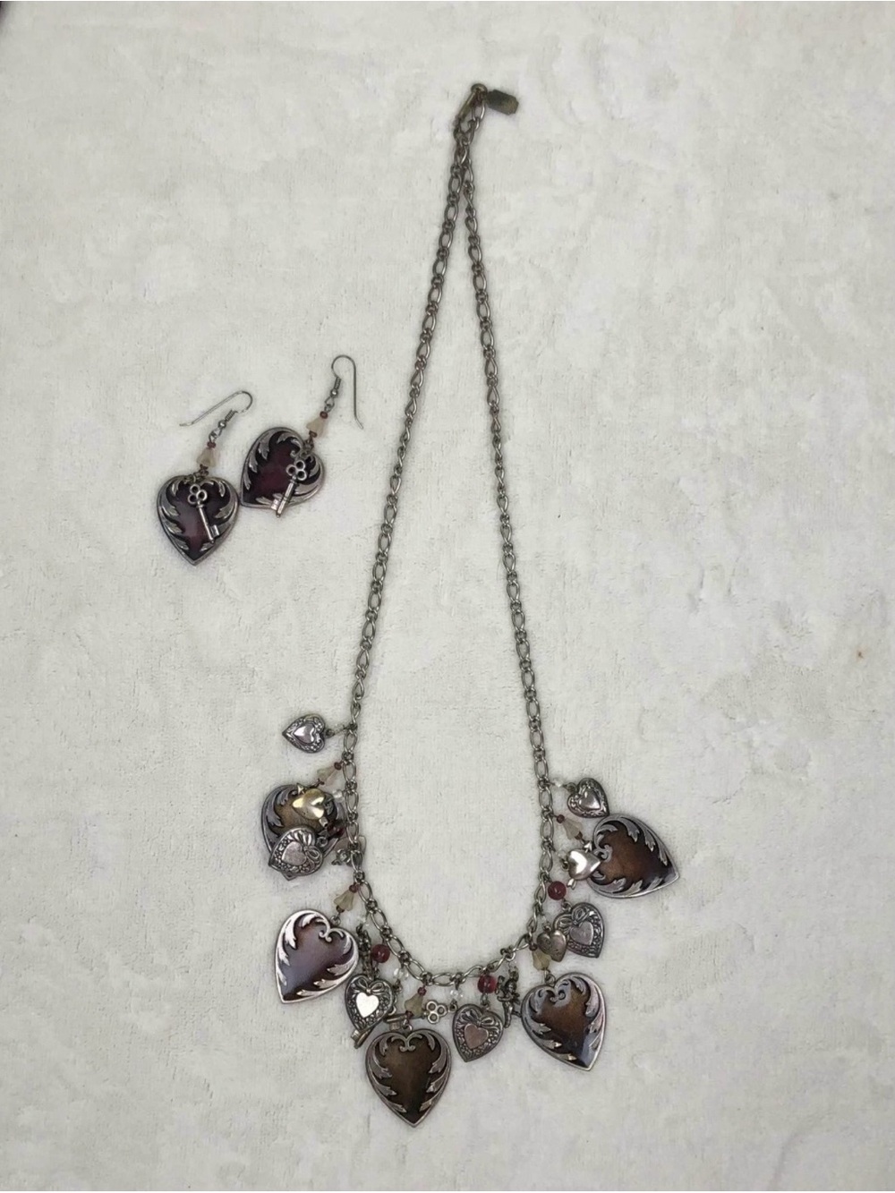 Vintage Pididdly Links Heart Charms Necklace & Earrings Black Enamel Hearts